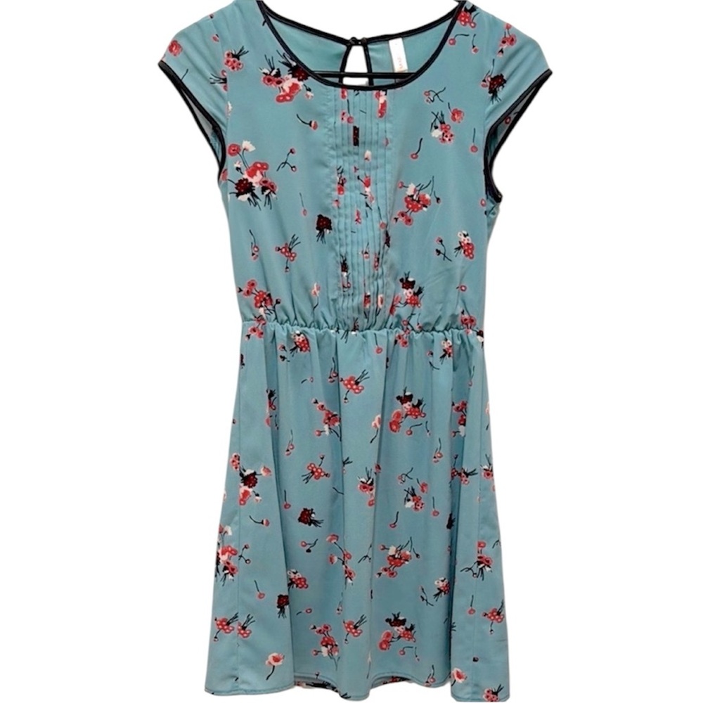 Floral Drawstring Waist Cap-Sleeve Dress - Teal